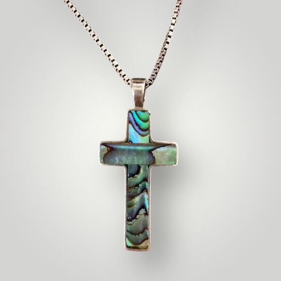 925 Sterling Silver Abalone Cross Pendant with Italian Chain Necklace 20 inch - Picture 1 of 6